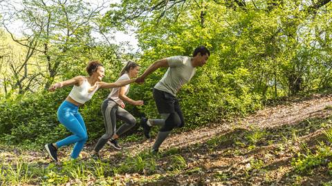Three people jogging uphill in a lush green forest, focusing intently and dressed in athletic wear.