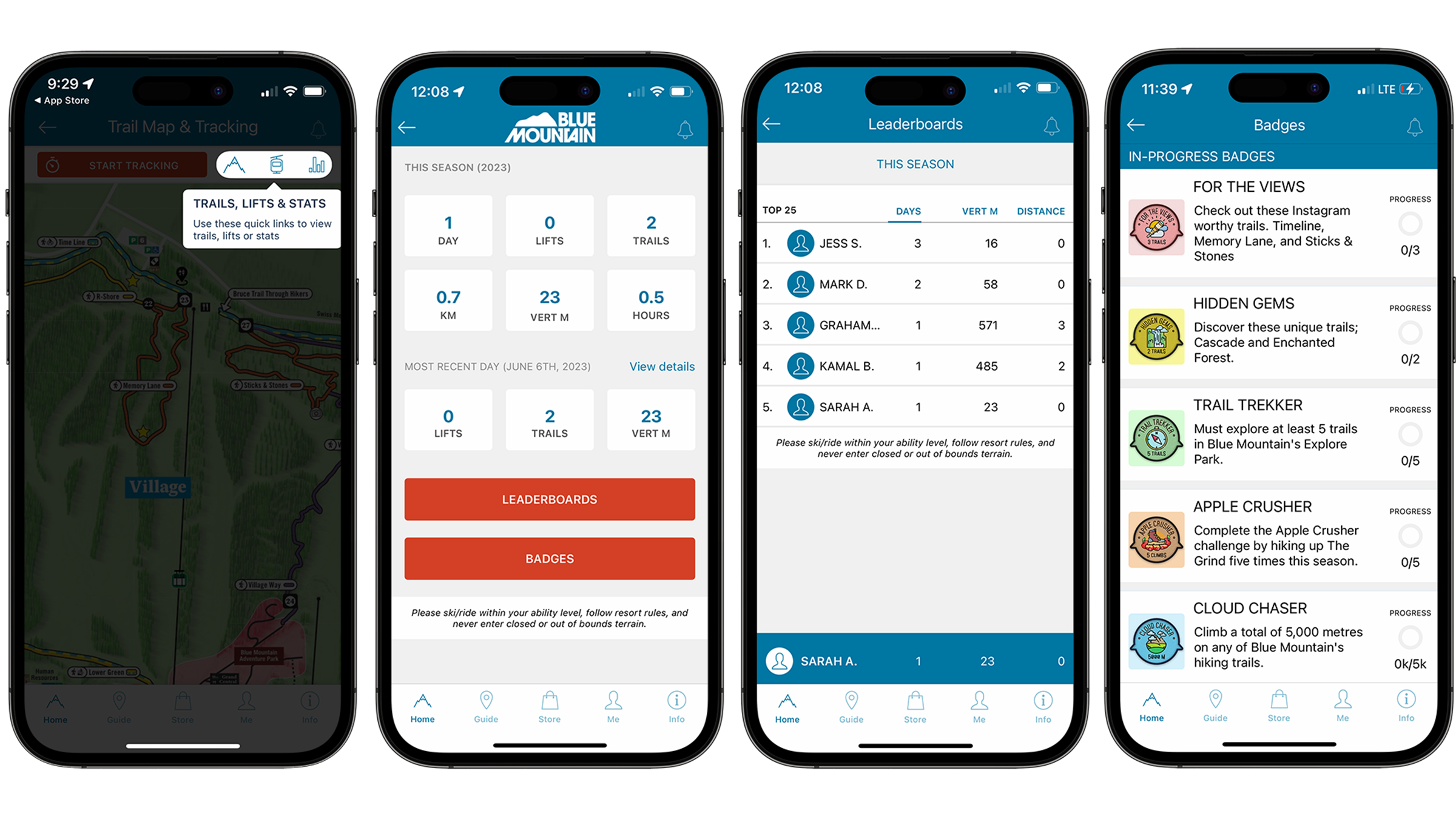 Blue Mountain Resort App Mockups of Personal Statistics, Leaderboard and Badges