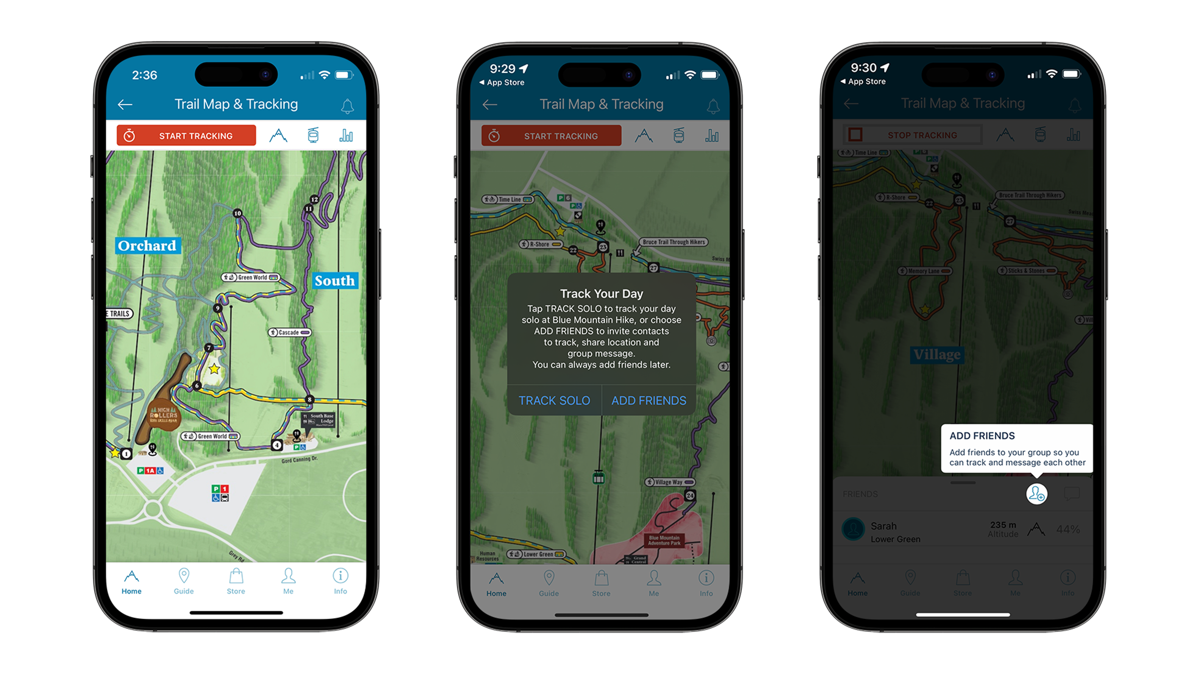 Blue Mountain Resort App Mockups of Tracking your Hike and Find your Friends feature