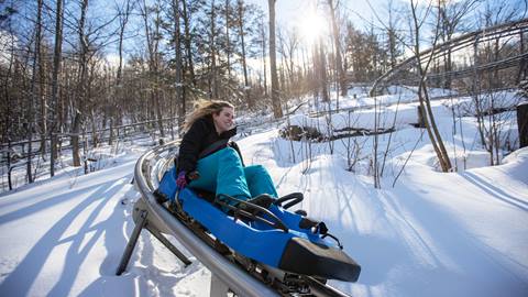 A women riding a blue roller coaster in the snow