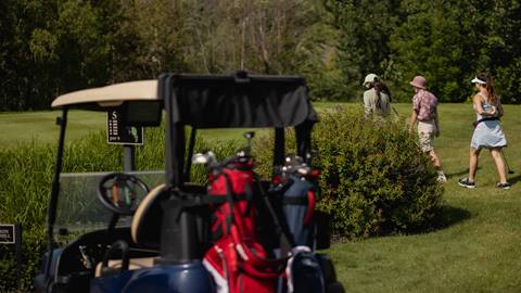 A golf cart on a golf course.