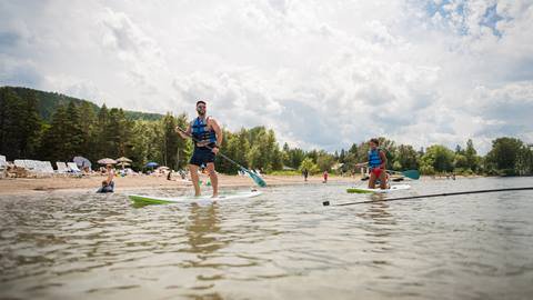 a group of people riding paddle boards on a body of water