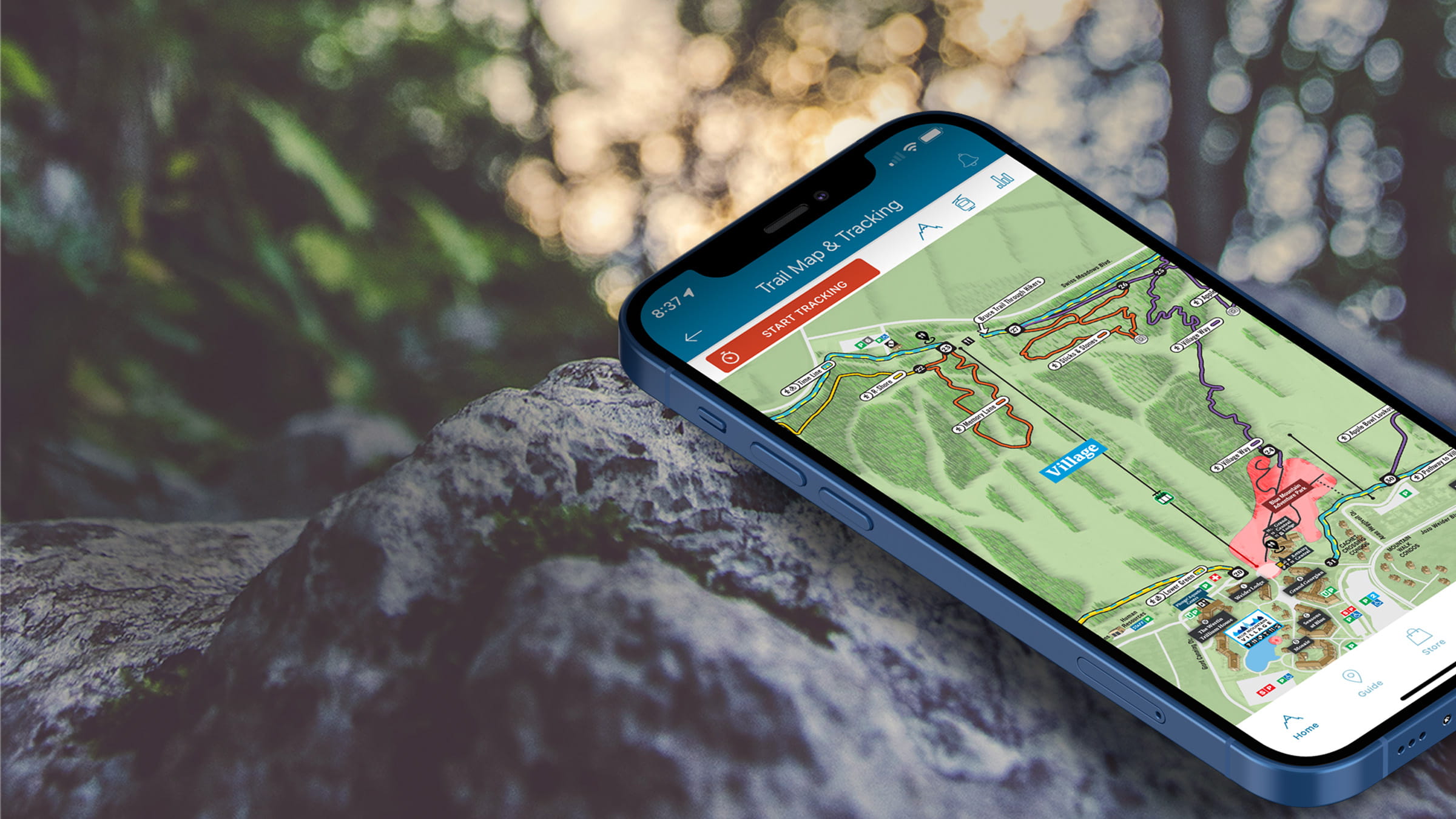 Phone on rock with Blue Mountain App pulled up on phone