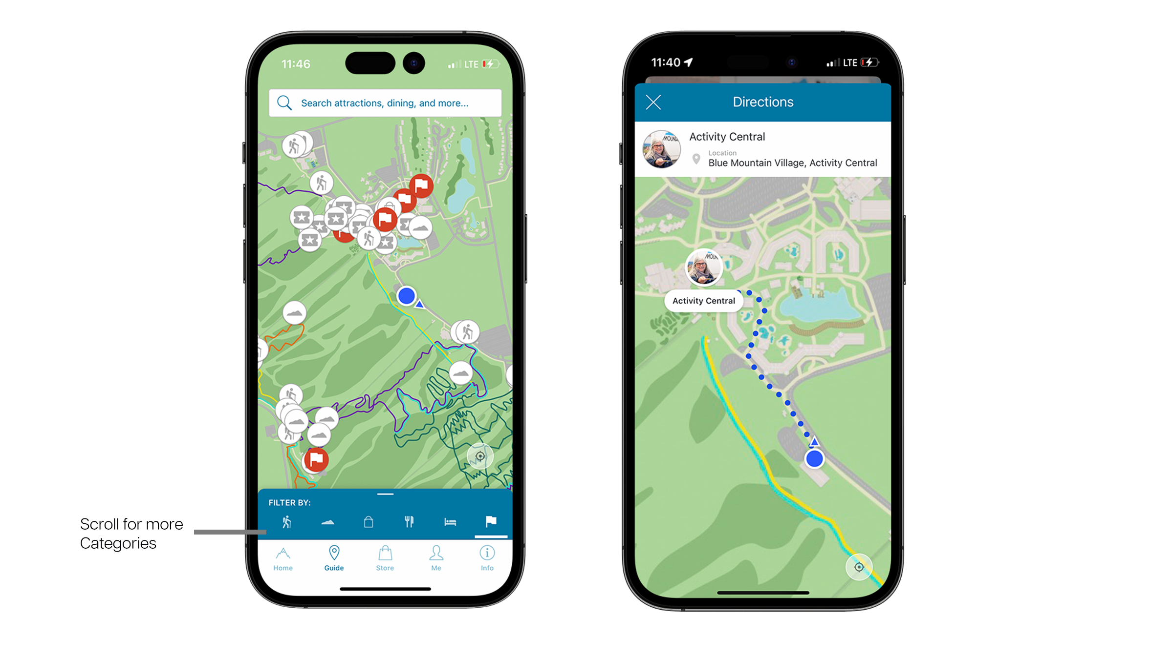 Blue Mountain Resort App Mockups of Guide and Directions to Guest Services