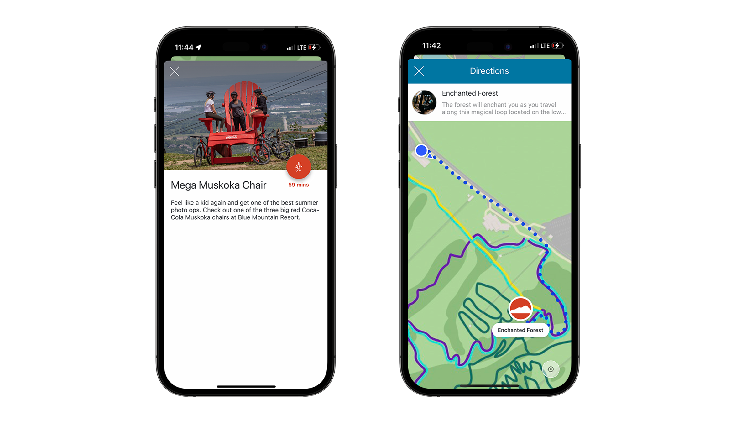 Blue Mountain Resort App Mockups of Points of Interest and Directions along Hiking Trails