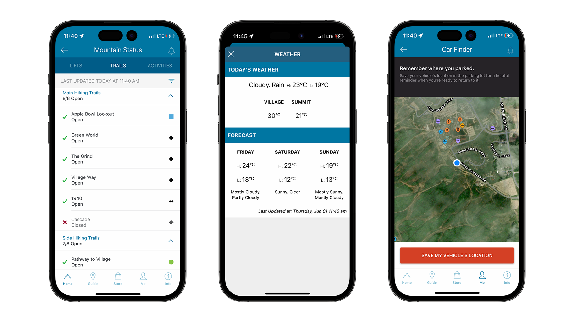 Blue Mountain Resort App Mockups of Statuses, Weather and Parking Spot Marking