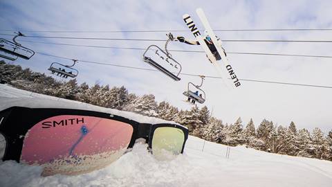 a skier jumping over the giant SMITH sunglasses in the Badlands Terrain Park