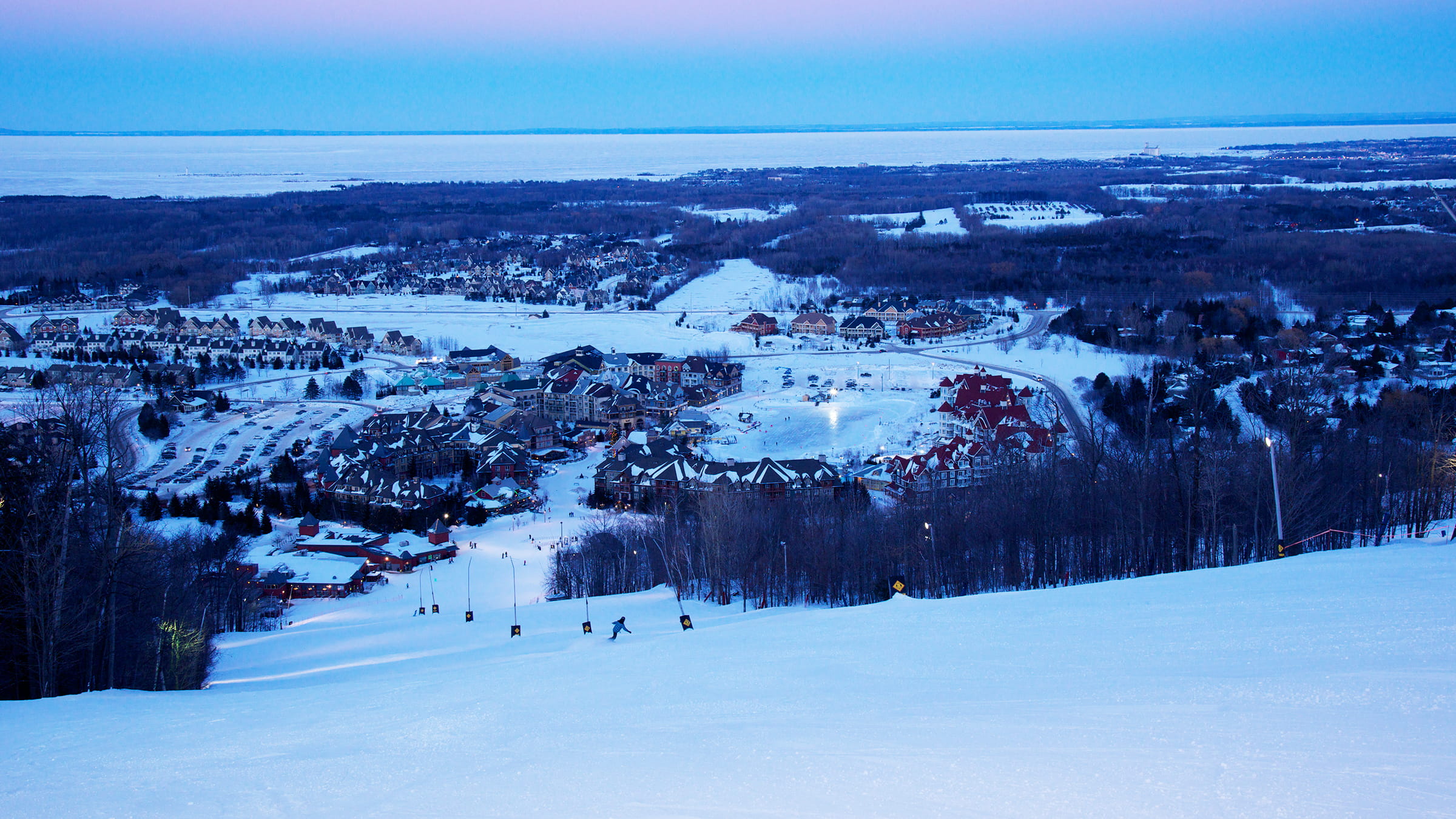 Winter panoramic views of Georgian Bay at the top of Blue Mountain Resort