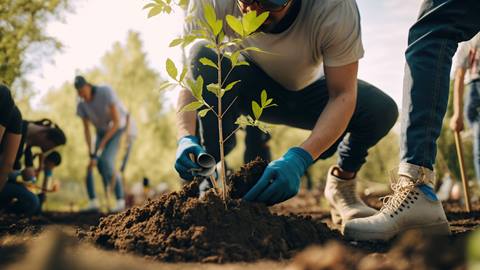 A group of volunteers planting a young tree in a park, focusing on positioning the sapling into the soil.