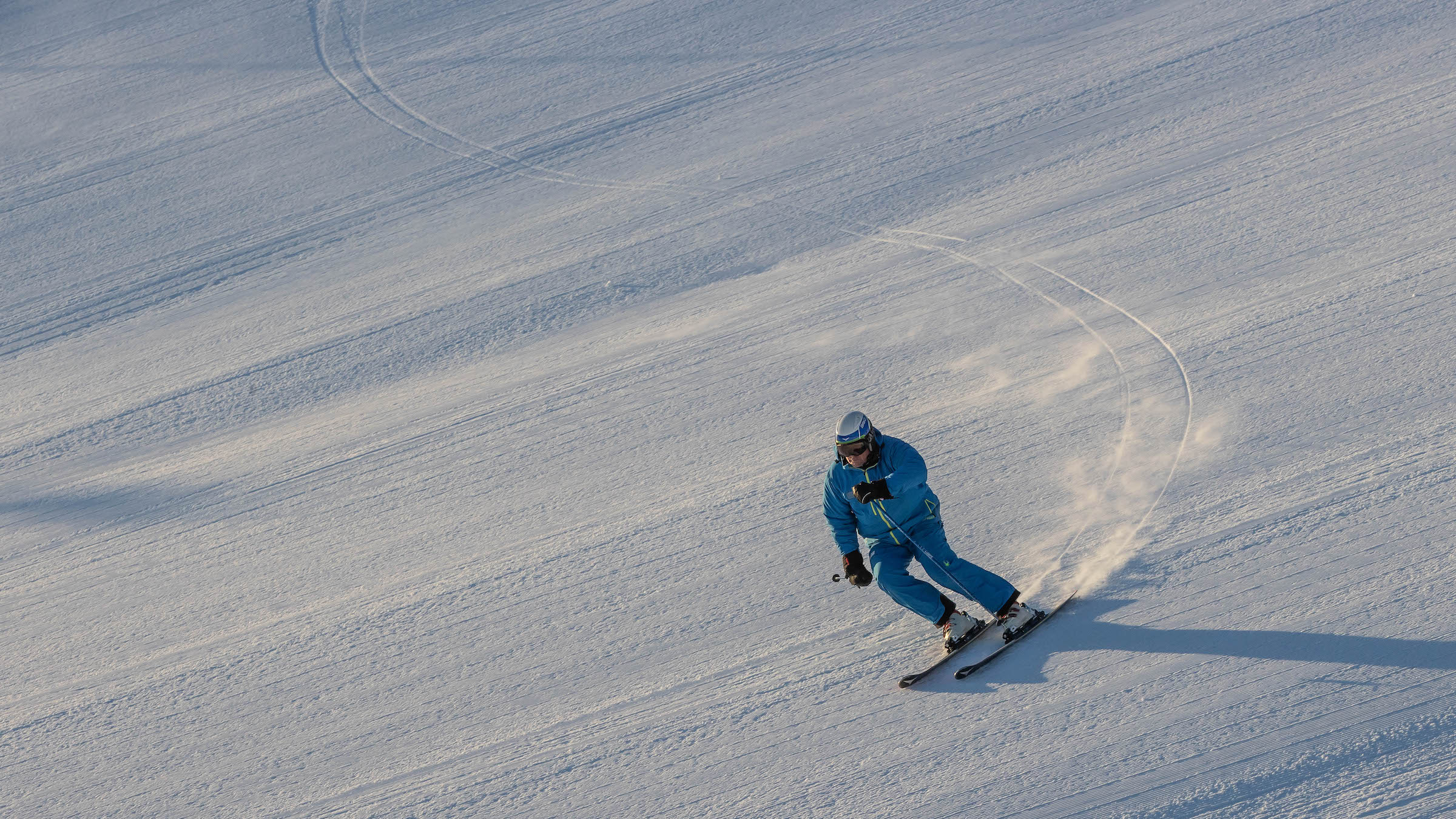 Man who works at Blue Mountain skiing down Blue Mountain Hill