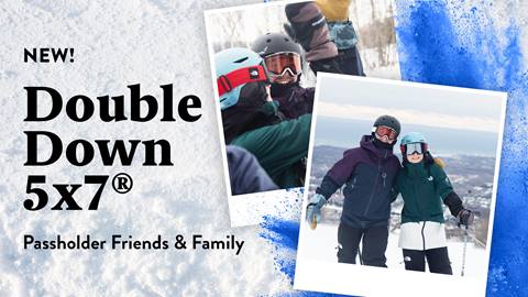 Friends skiing on the hill at Blue Mountain with Double Down for 5x7® Passholder friends and family