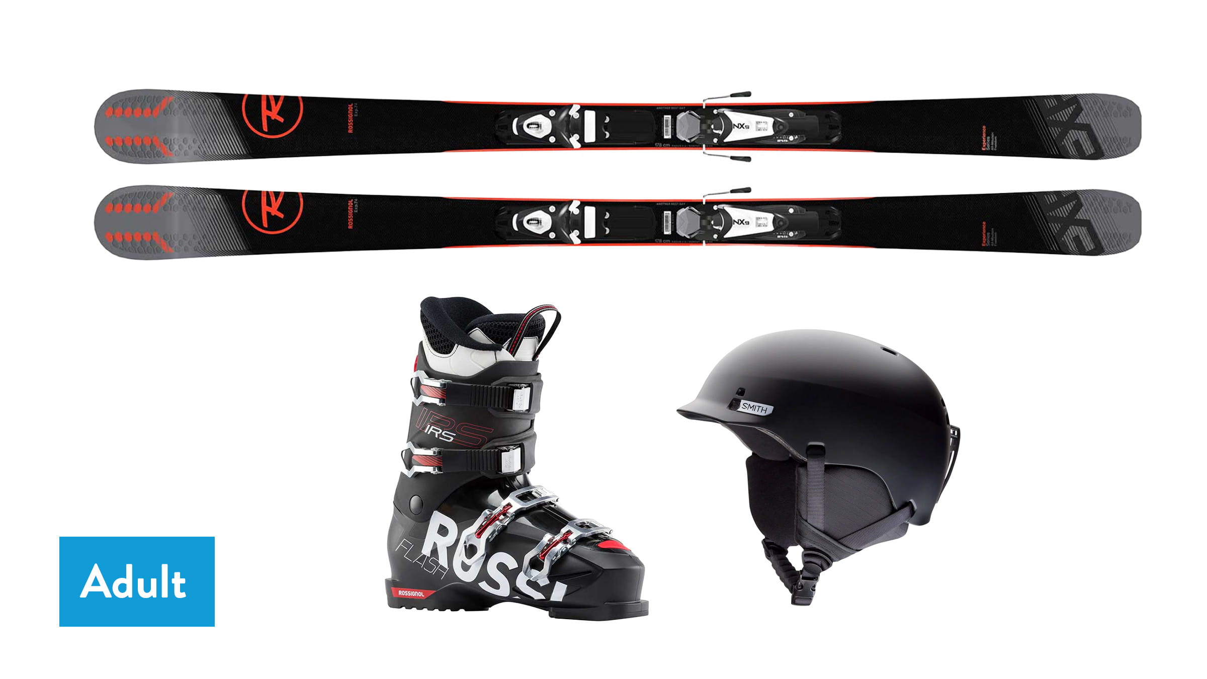 Lay flat of ski boots, skis, poles, and helmets