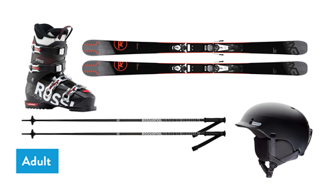 Lay flat of ski boots, skis, poles, and helmets