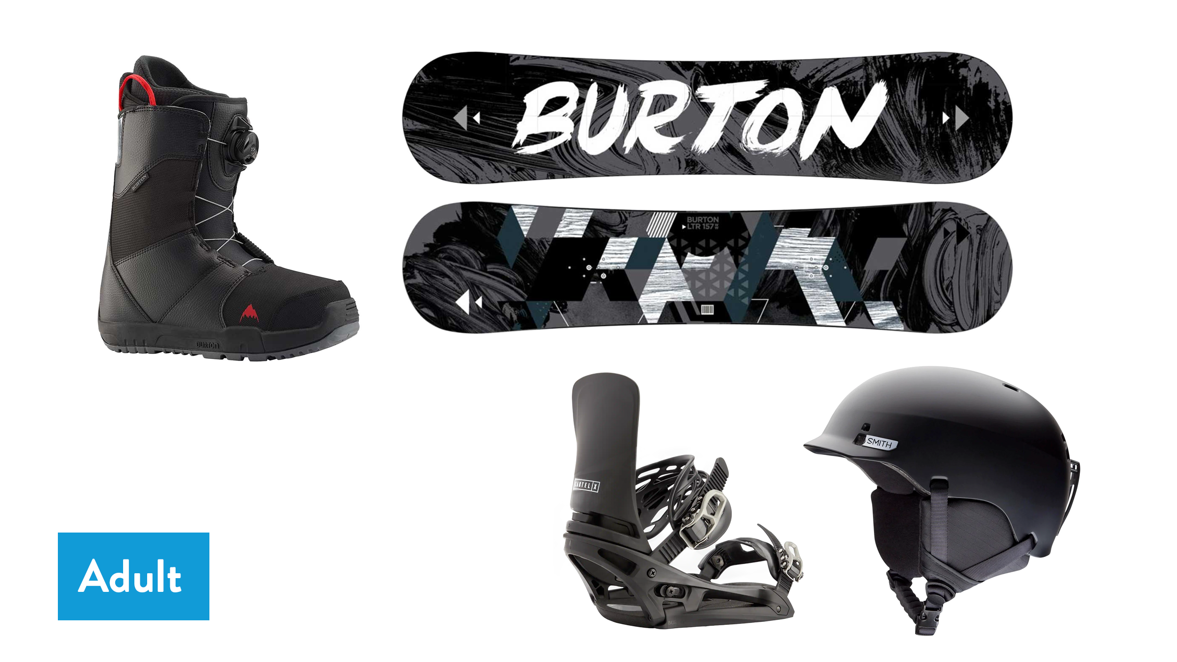 Lay flat of snowboard boots, Burton snowboard, bindings and helmet