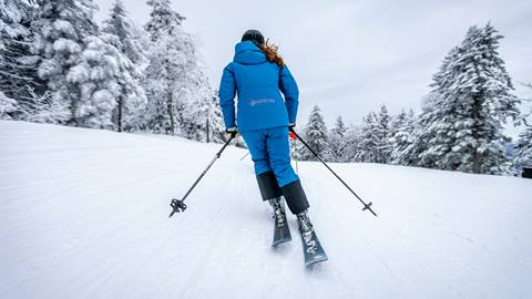 A person in a blue ski suit is skiing downhill on a snowy slope surrounded by snow-covered trees.