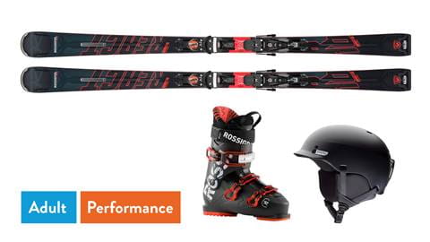 Lay flat of performance skis, ski boots, poles, and helmets