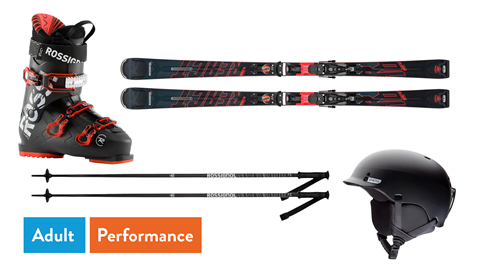 Lay flat of performance skis, ski boots, poles, and helmets