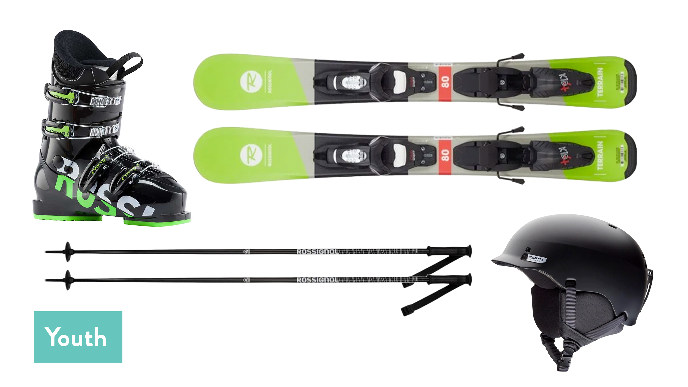 Lay flat of youth ski boots, skis, poles, and helmets