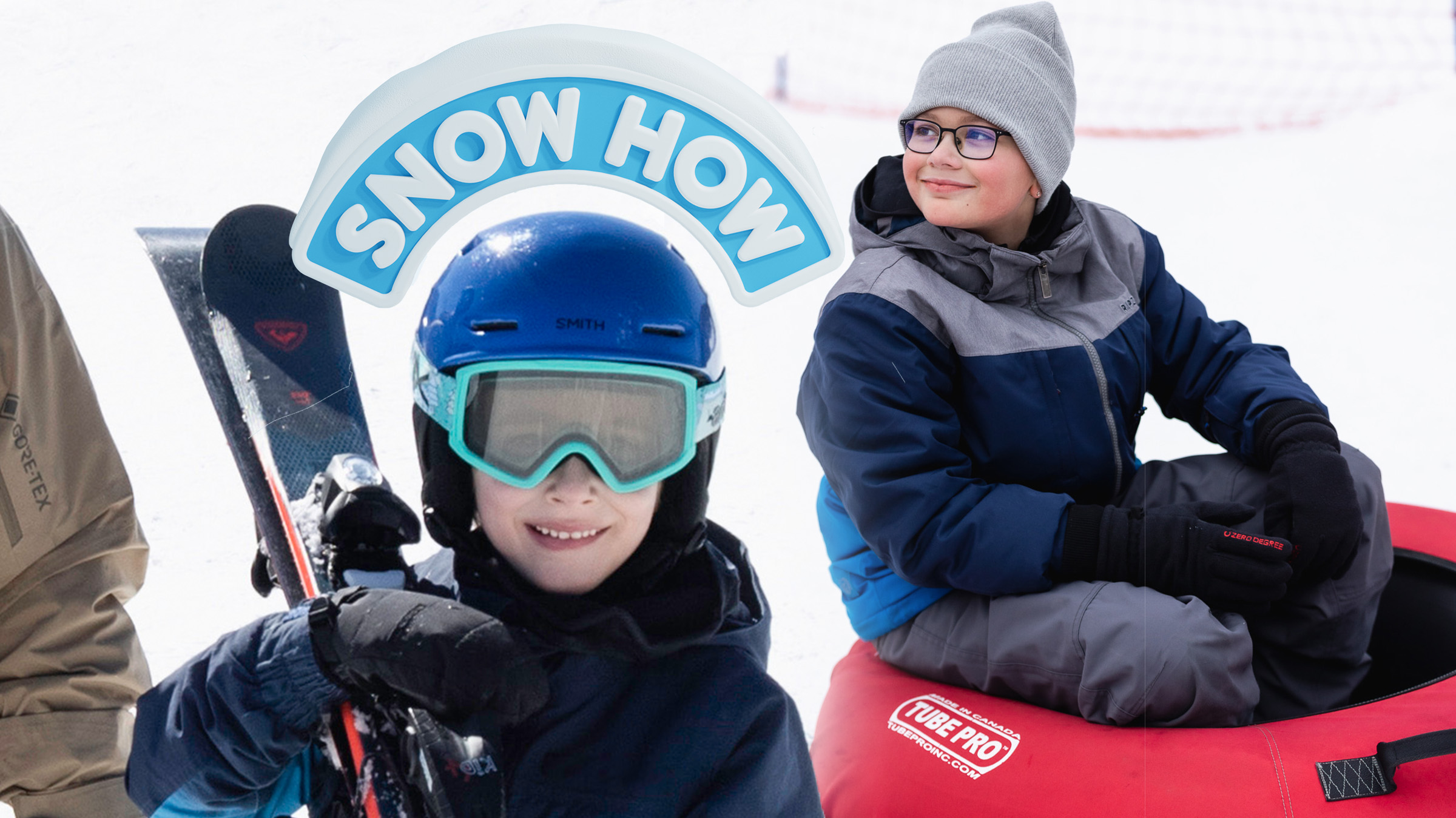 Kid learning how to ski and learning how to snowboard at Blue Mountain with Snow How Kids and also playing in a tube