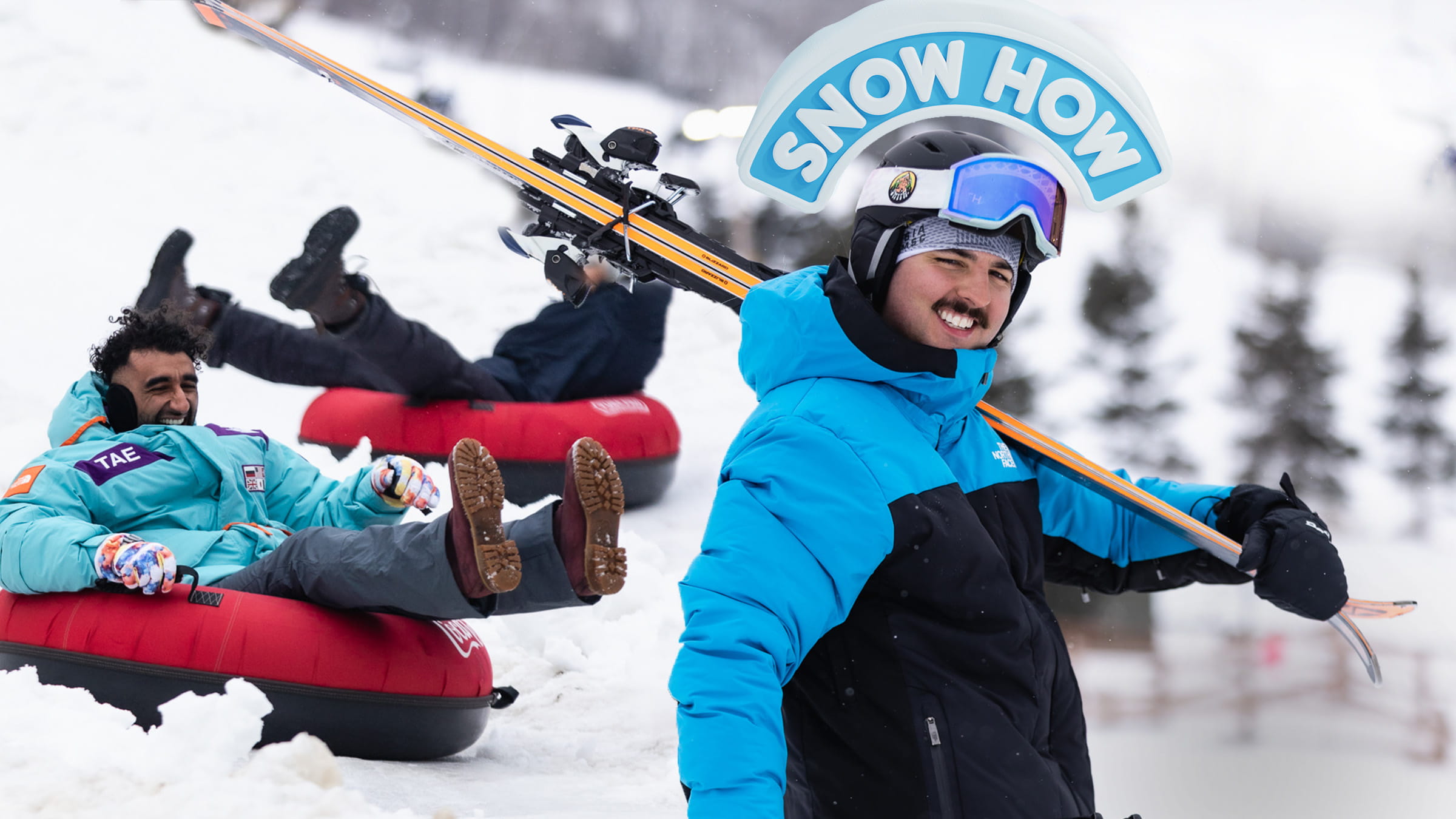 Adult learning how to ski and learning how to snowboard at Blue Mountain with Snow How and also sliding down tube run