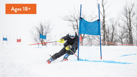 Skier going down Blue Mountain during Masters Race Program