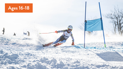 Skier going down Blue Mountain during U19 Race Program