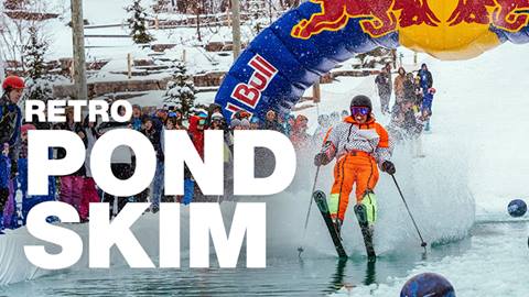 A skier skiing across the pond, accompanied by the phrase "Retro Pond Skim" in bold letters.