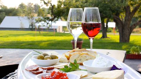 Outdoor wine and cheese platter on a sunny day.