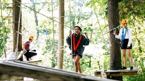 Three children equipped with safety gear enjoy a treetop adventure course, navigating ropes and platforms among lush green trees.