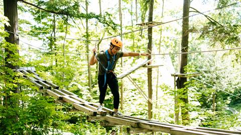 Man crossing a rope bridge in a forest adventure park.