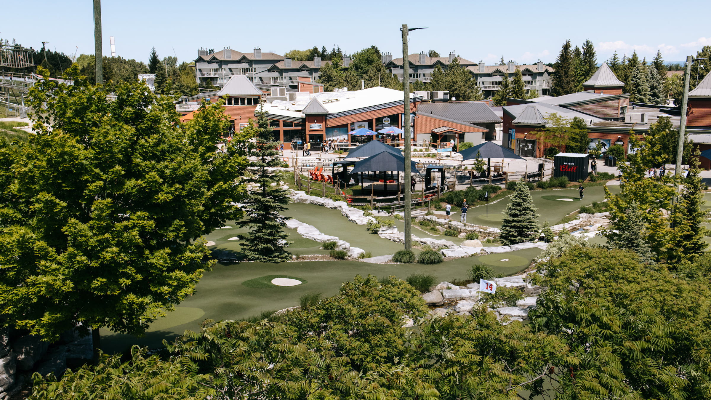 Aerial view of the Cascade Mini Putt grounds at Blue Mountain Resort