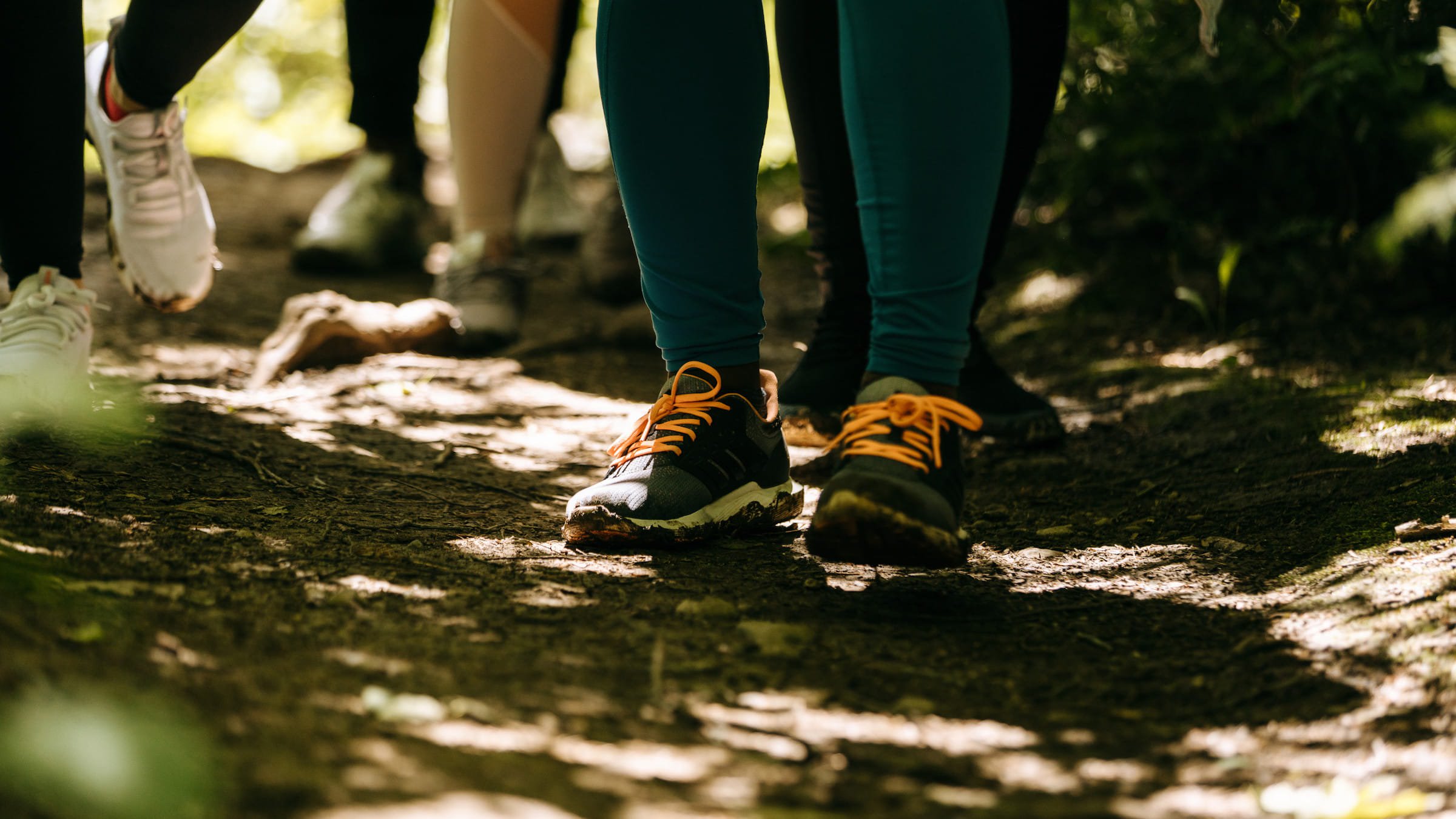 Set of shoes of hikers walking along Blue Mountain Explore Park trails