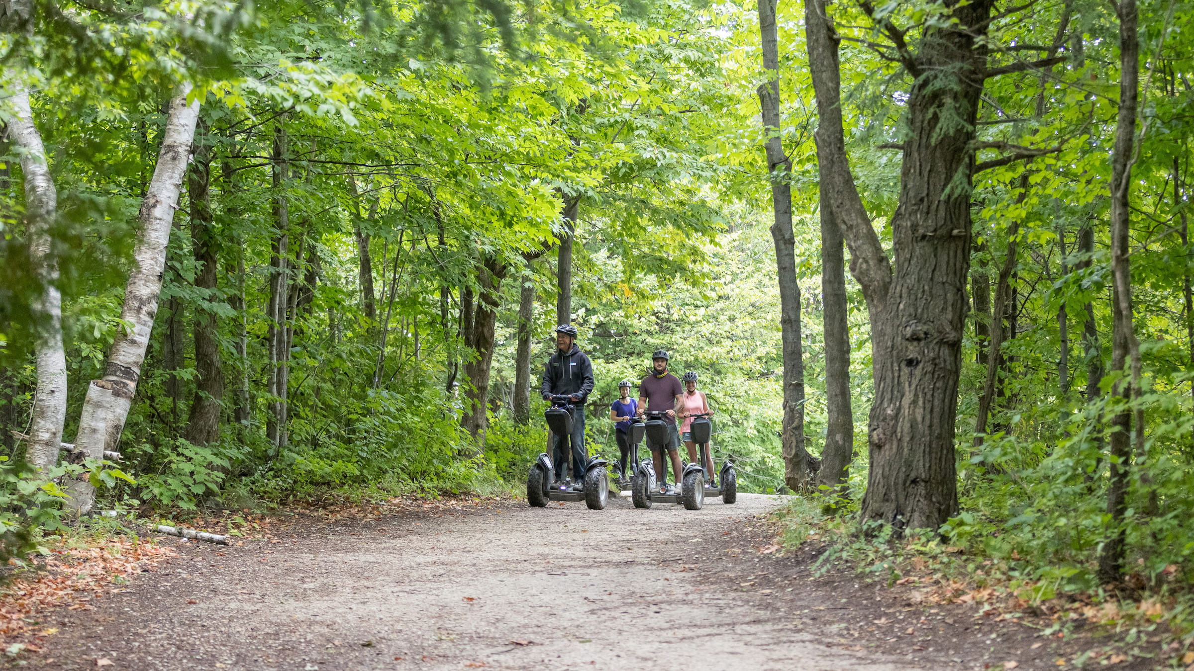 Group of people riding Segways along Niagara escarpment on Blue Mountain trails