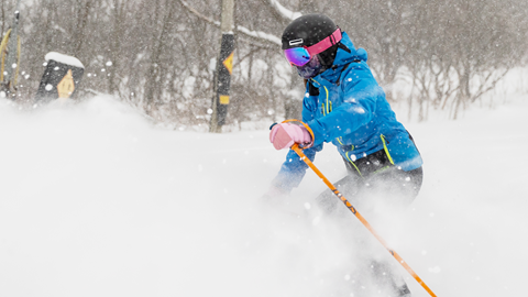 Skier going down Blue Mountain on a Pow day