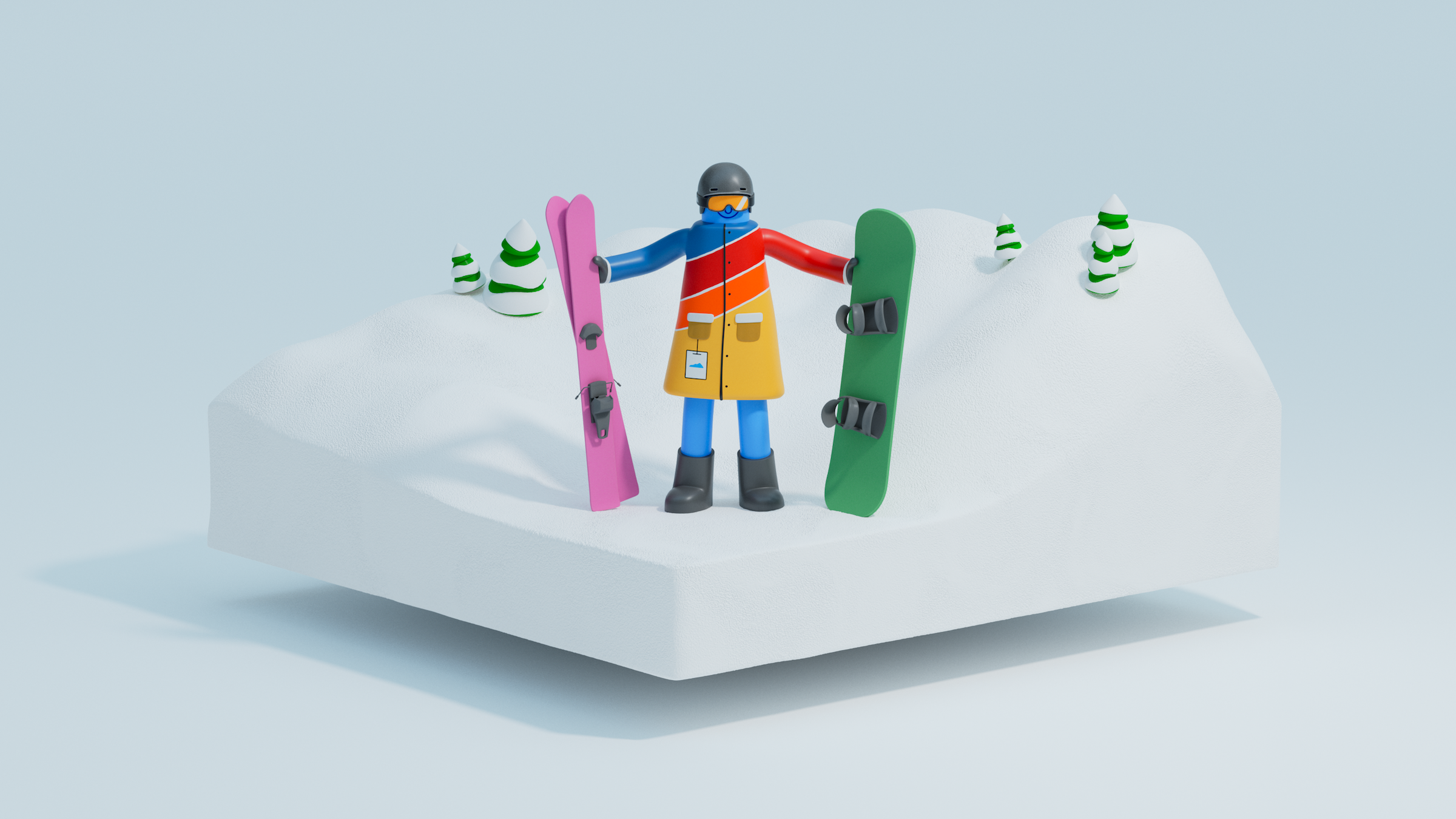 Snow how Flo holding a pair of skis and a snowboard