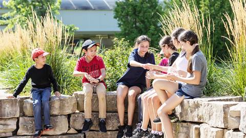 Kids gathered on a stone wall enjoying a sunny day at Blue Mountain summer camps.
