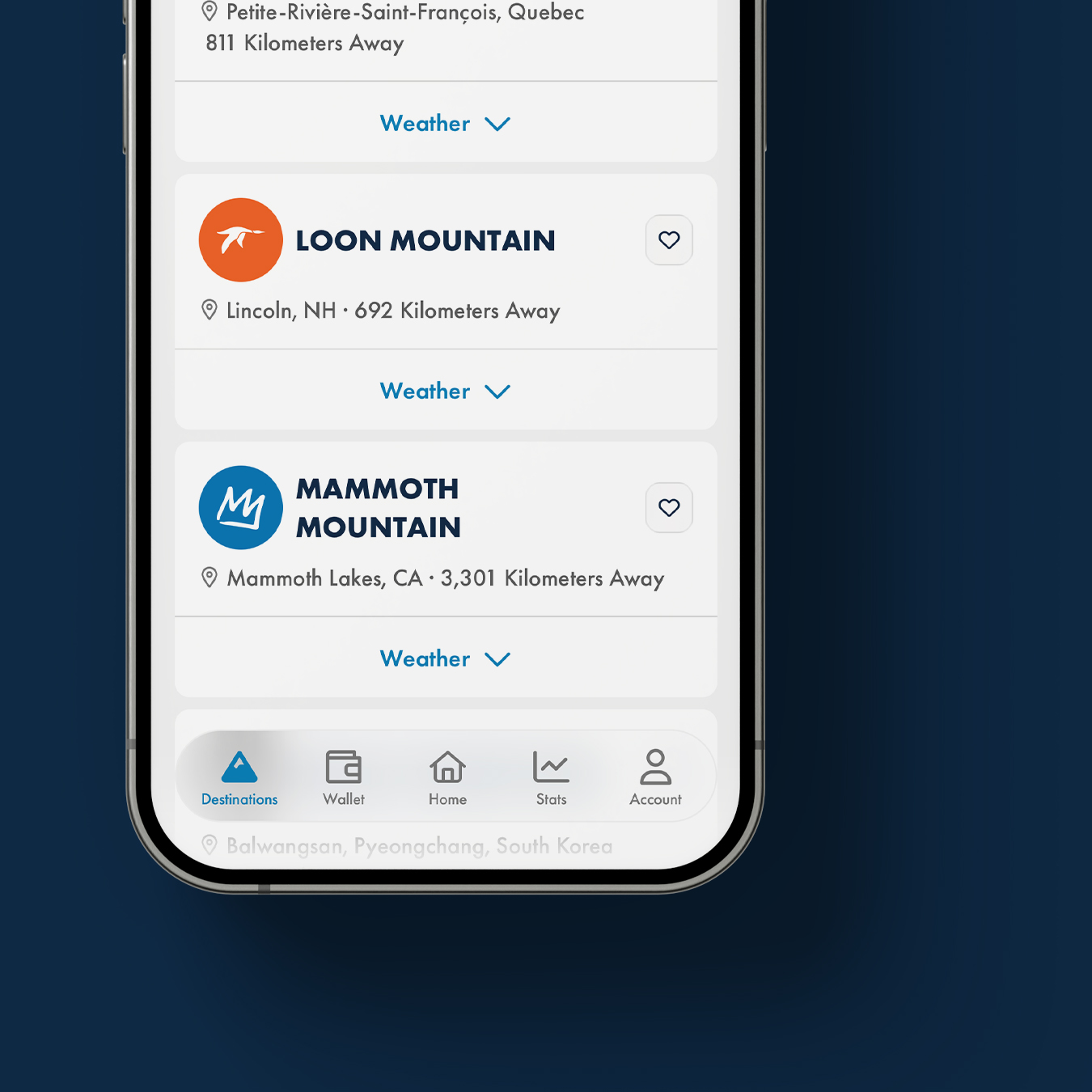 Ikon App Destinations Screen