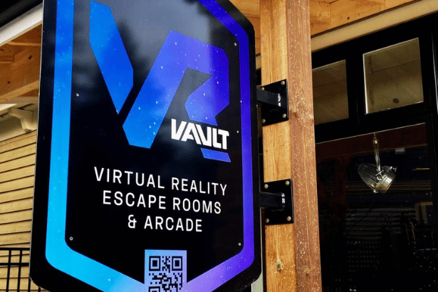 VR Vault Arcade sign in Blue Mountain village
