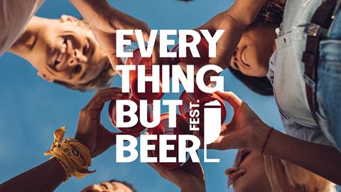 image of happy people holding beers, with text overlay "Everything but beer festival"