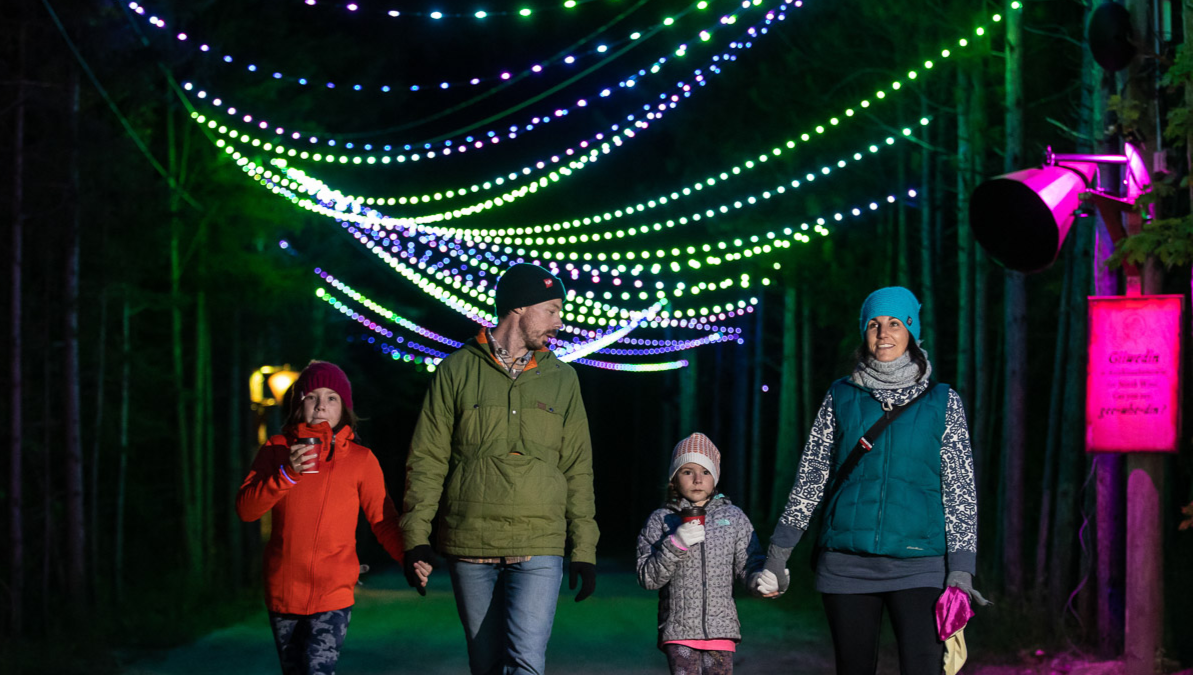 Family walking under lights