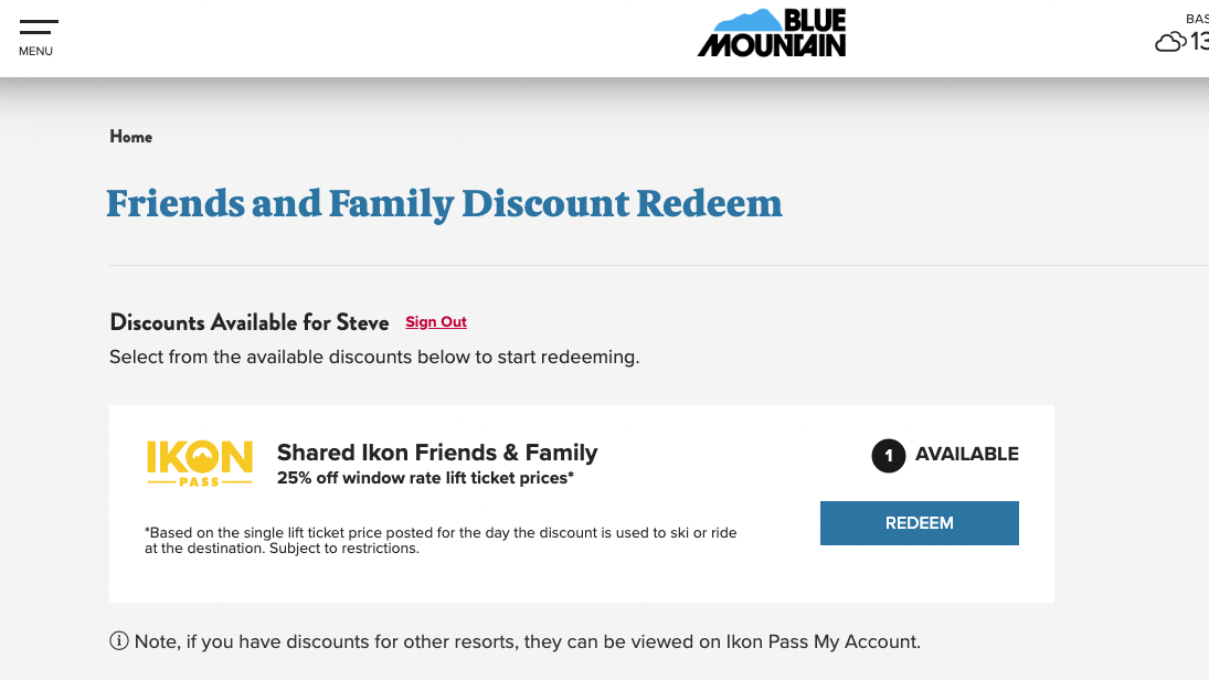 Screenshot of Ikon Pass discount redemption page