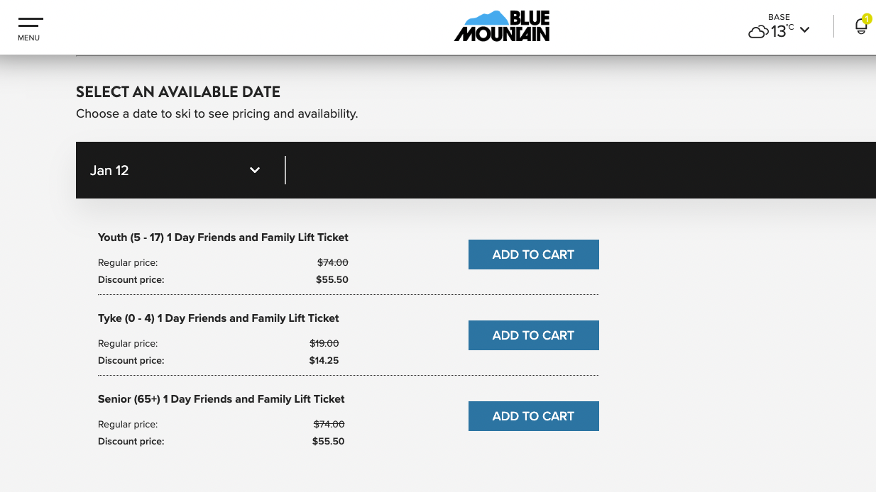 Screenshot of discounted tickets available to be added to a cart