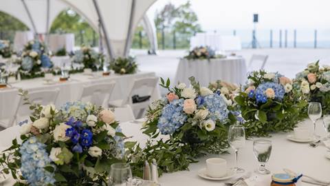 Set up of wedding tables at top of Blue Mountain Resort