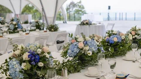 Set up of wedding tables at top of Blue Mountain Resort