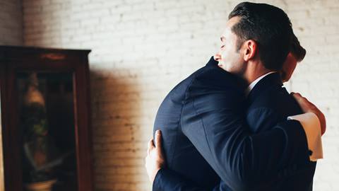 Couple hugging at wedding at Blue Mountain