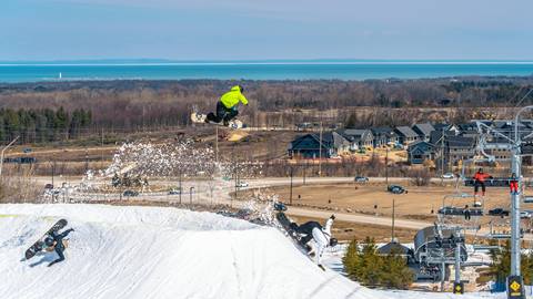 Skiing and Snowboarding in the Terrain Park Spring Pickle Park Party