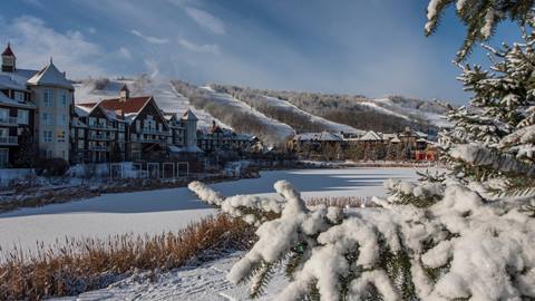 Scenic view overlooking Mill Pond towards Blue Mountain in winter