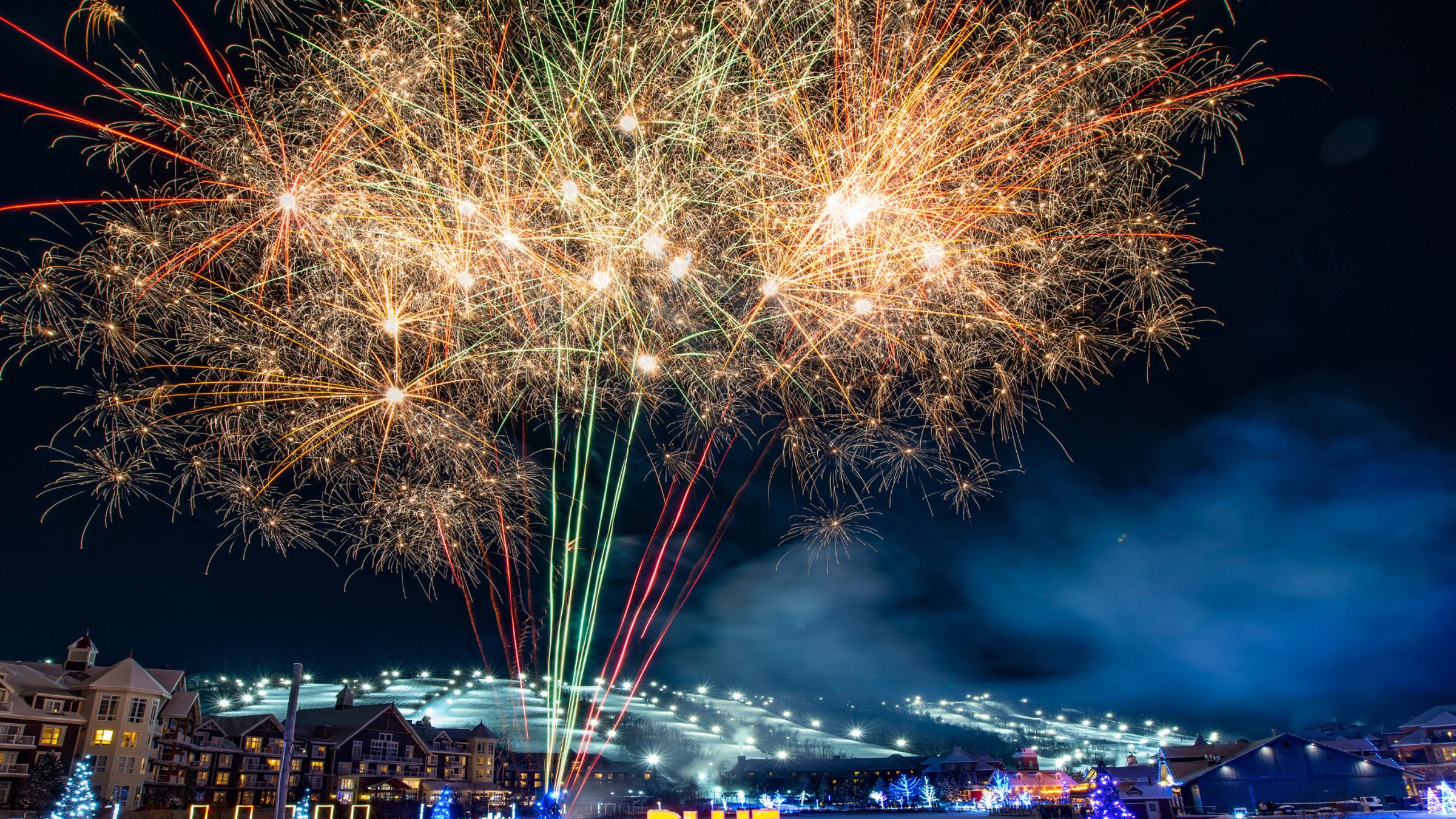 Fireworks over Blue Mountain in winter