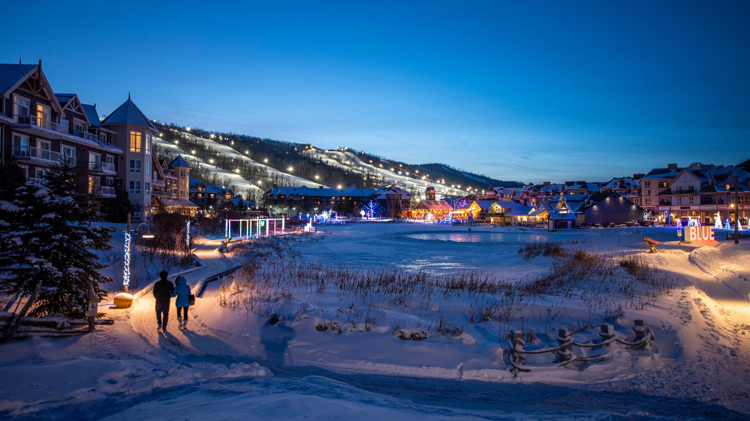 Scenic view overlooking Mill Pond towards Blue Mountain in winter