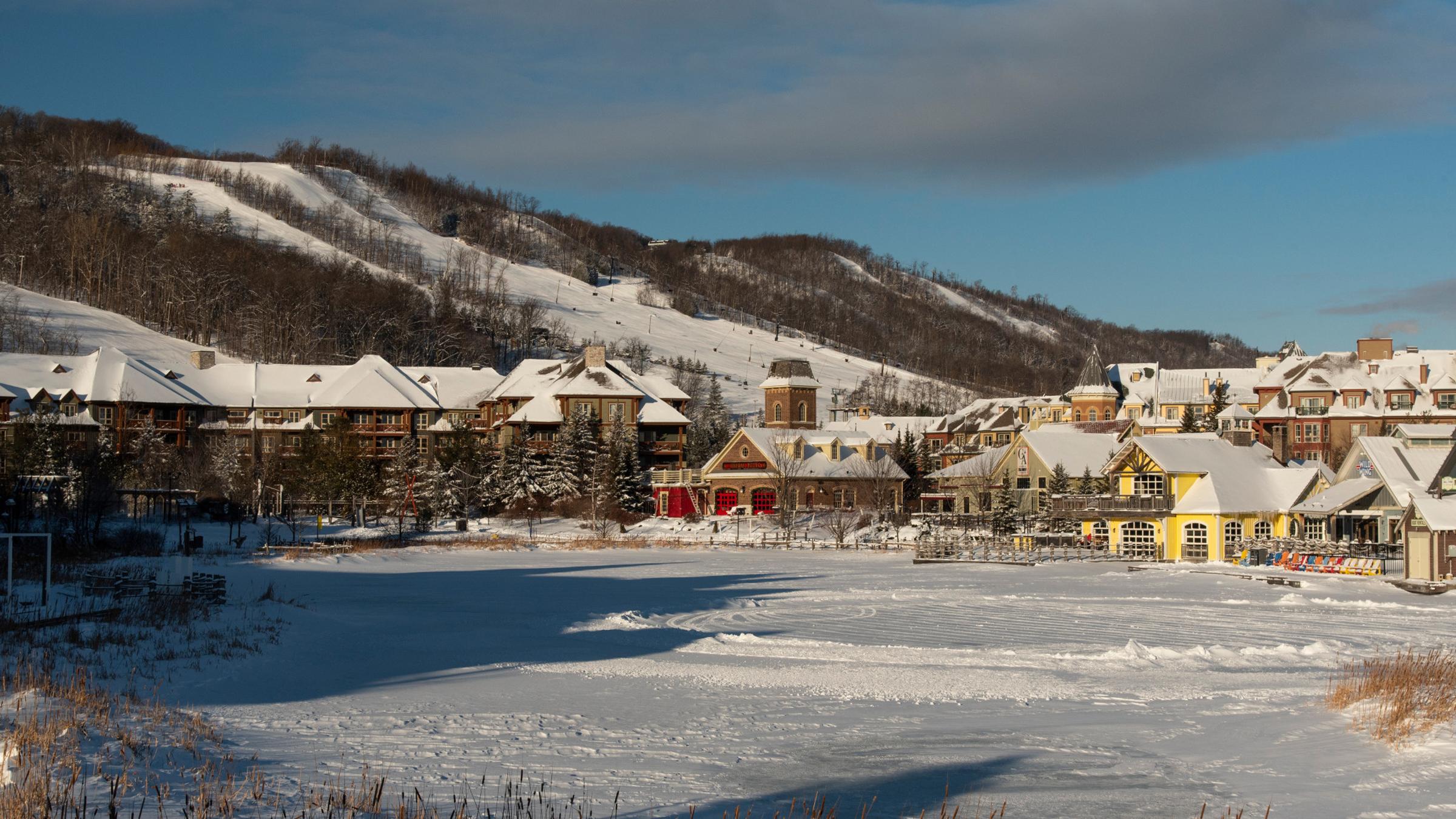 Scenic view overlooking Mill Pond towards Blue Mountain in winter